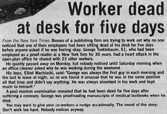 Newspaper clipping about man who was dead at work for five days